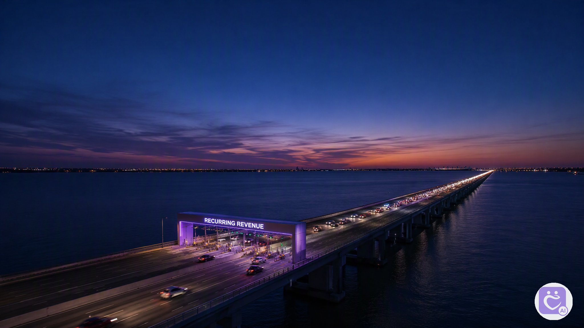 Illuminated toll bridge at dusk — every crossing pays