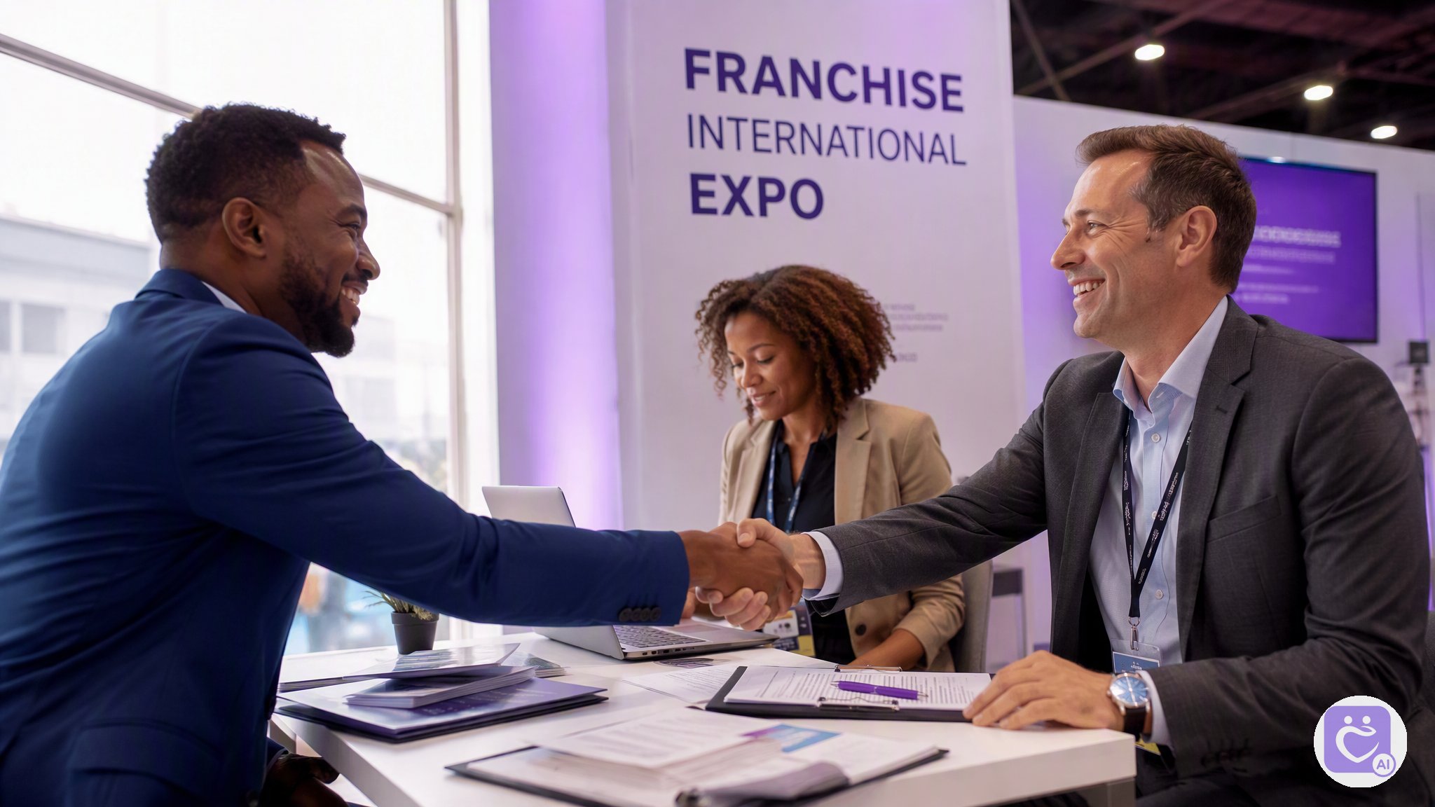 Franchise partners shaking hands at an international expo booth